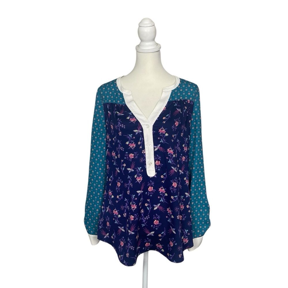 ModCloth Mixed Print Blouse Floral Bird Boho Button Front 3/4 Sleeve Colorblock